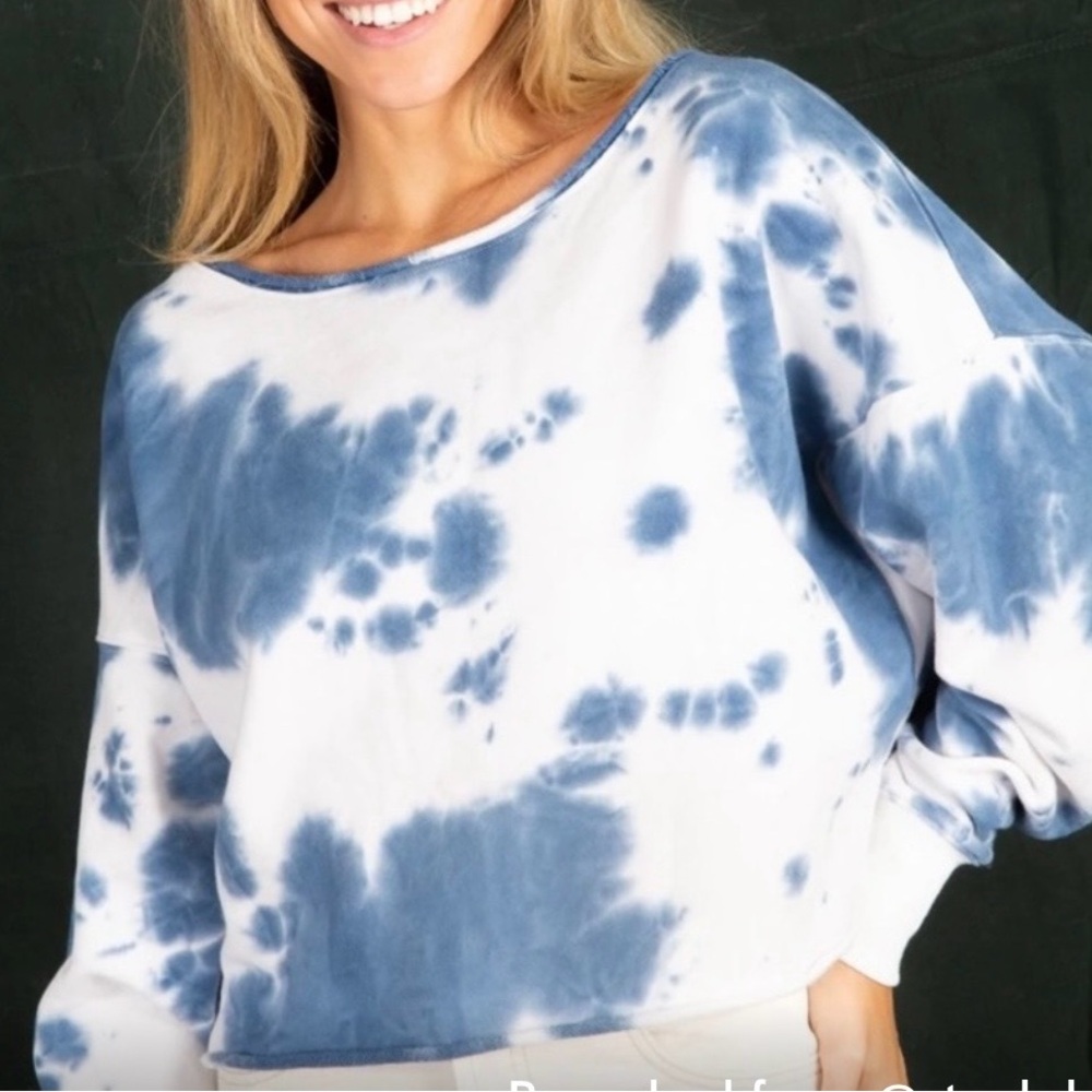 NATURAL LIFE Palmer Summer Cropped Oversized Blue Tie-Dyed Sweatshirt Sz S